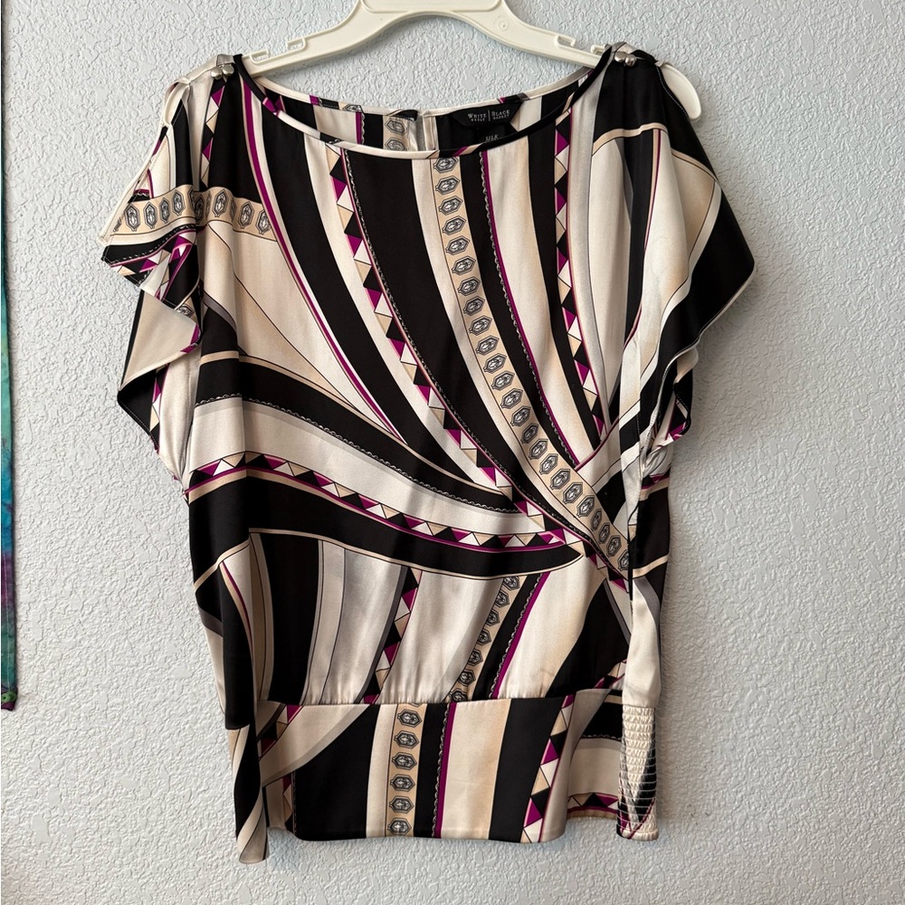 White House Black Market Black, Cream & Pink Geometric Short Sleeve Blouse